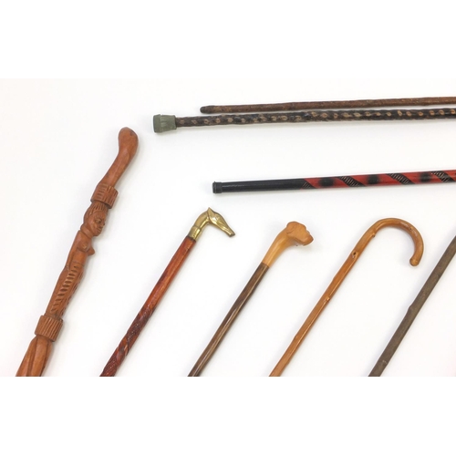 616 - Wooden walking sticks, some with animal head handles and horn handles