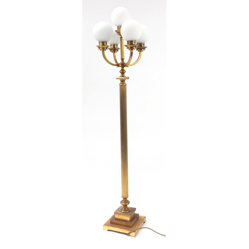 2028 - Heavy brass five branch standard lamp, with globular glass shades, 158cm high