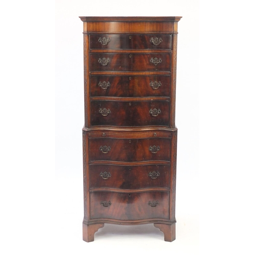 2005 - Serpentine fronted mahogany chest on chest, with blind fretwork canted corners, 157cm H x 65cm W x 4... 