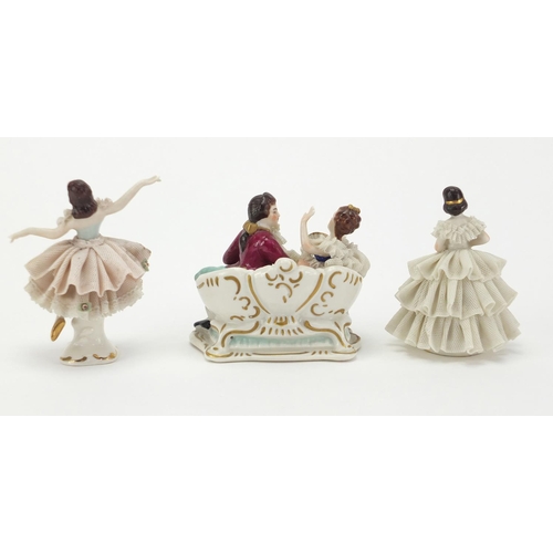 510 - Three Dresden figures with filigree dresses, the largest 8.5cm high