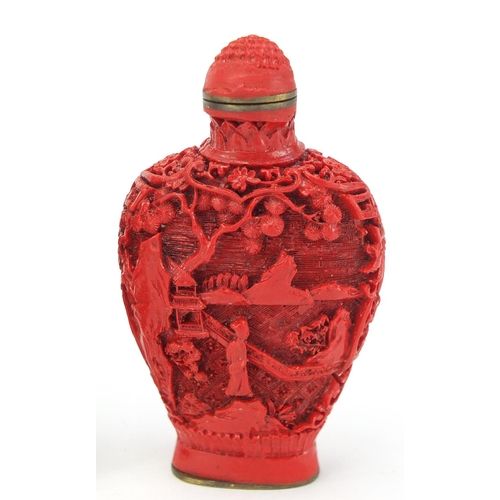 445 - Oriental objects including soapstone brush pot and a cinnabar lacquer snuff bottle