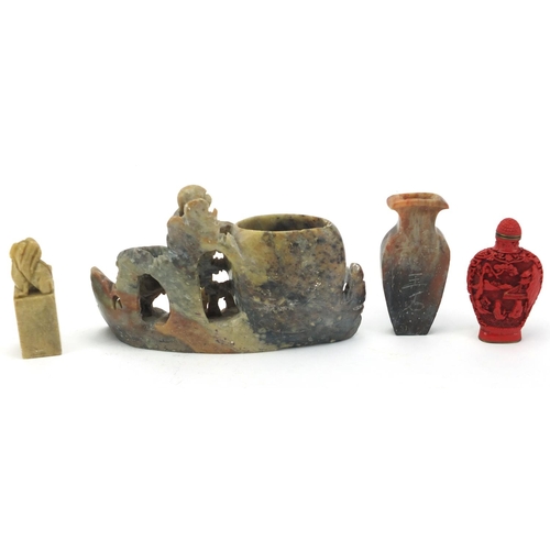 445 - Oriental objects including soapstone brush pot and a cinnabar lacquer snuff bottle