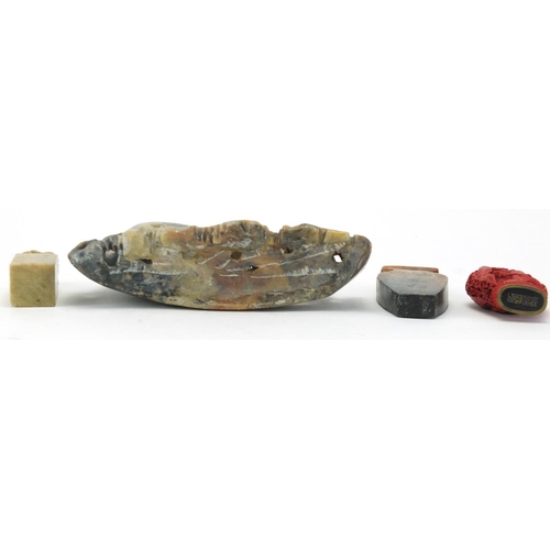 445 - Oriental objects including soapstone brush pot and a cinnabar lacquer snuff bottle