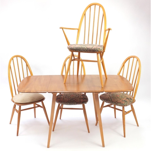 1 - Ercol light elm drop leaf dining table and four stick back chairs