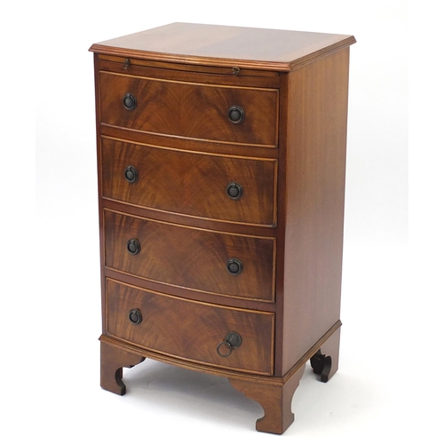 2 - Reproduction mahogany bow front four drawer chest, with brushing slide, 87cm H x 50cm W x 44cm D