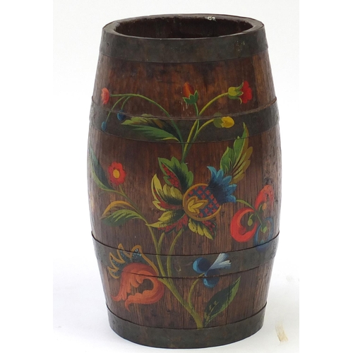 73 - Vintage hand painted brass bound barrel, 36cm high