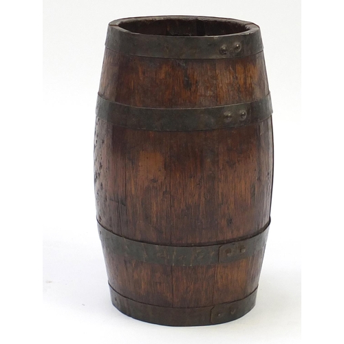 73 - Vintage hand painted brass bound barrel, 36cm high