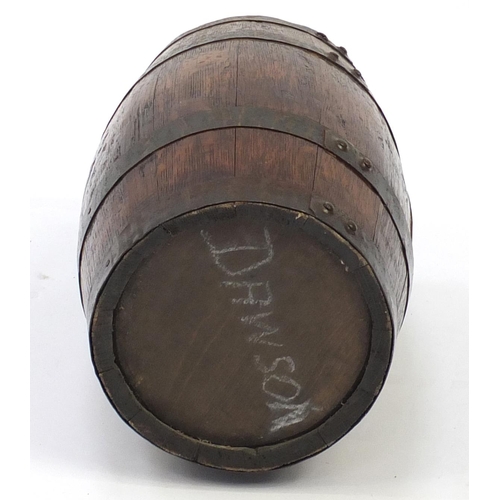 73 - Vintage hand painted brass bound barrel, 36cm high