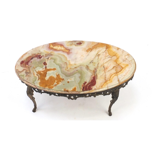 84 - Oval onyx and brass coffee table, 42cm H x 92cm W x 53cm D