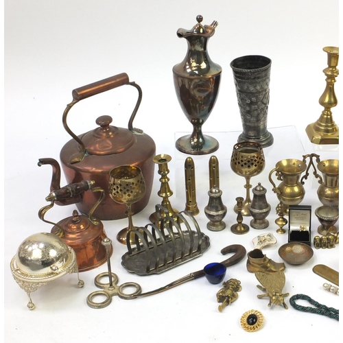 683 - Metalwares including silver plate, brass vases, copper kettle and trench art