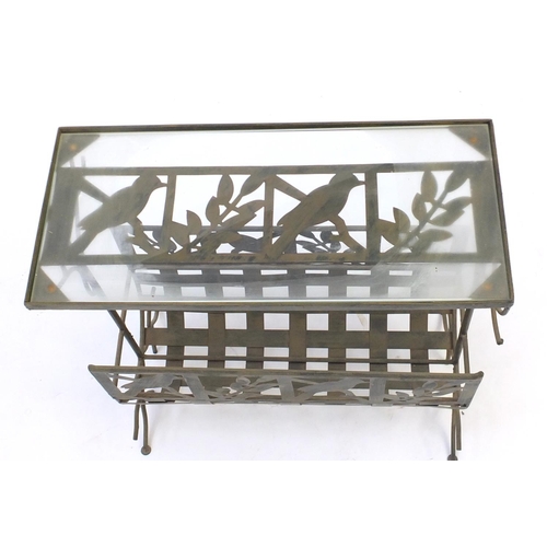 99 - Brass effect magazine rack with glass top, 49cm H x 45cm W x 20cm D