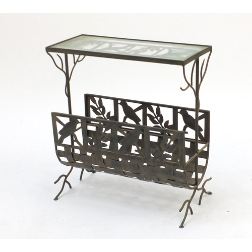 99 - Brass effect magazine rack with glass top, 49cm H x 45cm W x 20cm D