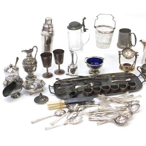 215 - Silverplate including cutlery, teapots, cocktail shaker and twin handled tray