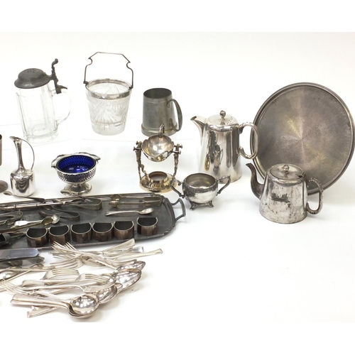 215 - Silverplate including cutlery, teapots, cocktail shaker and twin handled tray