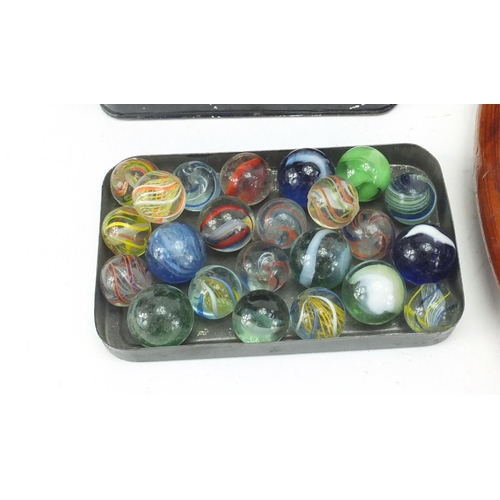 508 - Victorian and later glass marbles, with a turned wooden solitaire board