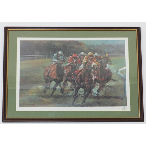 302 - Claire Burton - Pencil signed limited edition print, racehorses, numbered 182/800, mounted and frame... 