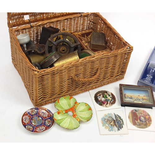 705 - Miscellaneous items including a Smith Bakelite clock, silver plated wine coasters, Primus oil stove,... 