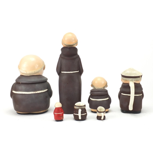 766 - Goebel monks, decanter, two jars and jugs, the largest 26cm high