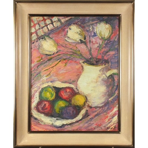 2036 - Still life, flowers and fruit, oil on canvas, bearing a signature Anne Redpath, framed, 45cm x 34cm
