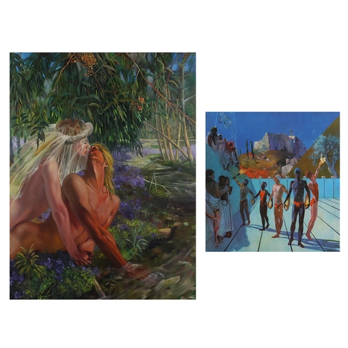 2037 - André Durand 1989 - Country Wedding, oil on canvas, together with an Olympiad Symposium print, signe... 