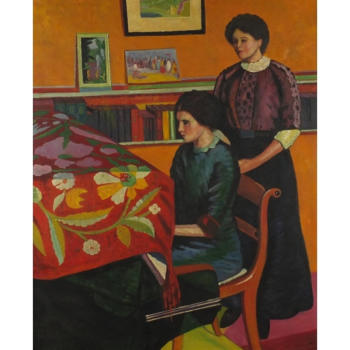 2038 - Female playing a piano, oil on board, bearing a signature C Ginner, framed, 60cm x 50cm