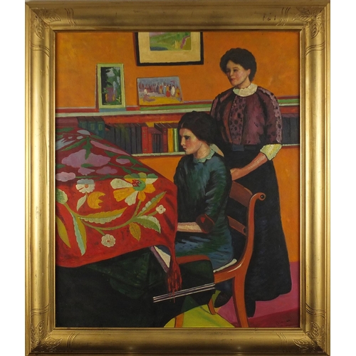 2038 - Female playing a piano, oil on board, bearing a signature C Ginner, framed, 60cm x 50cm