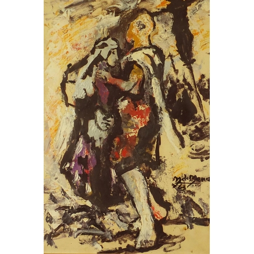 2060 - Two people in an embrace, oil on paper, bearing an indistinct signature, possibly Mdemena '63, mount... 