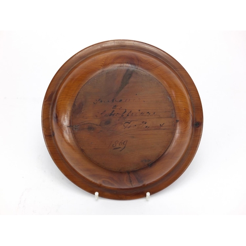 791 - 19th century treen dish, inscription to the base, 19cm in diameter