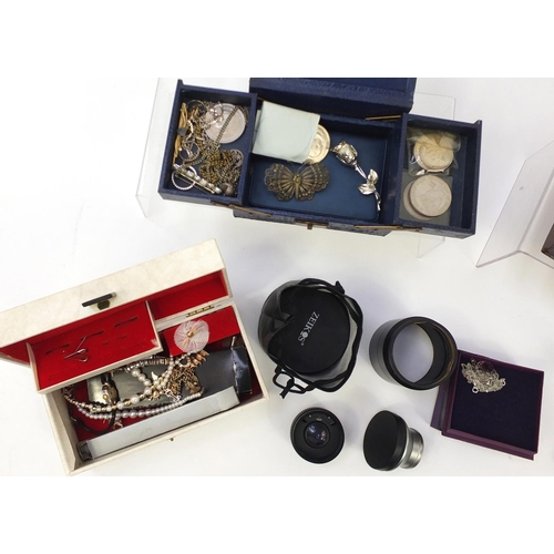 342 - Costume jewellery including simulated pearl necklaces and Simon Carter wristwatch, mostly housed in ... 