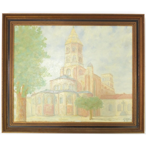 34 - Cathedral exterior, impressionist oil on canvas, bearing a signature Ishbel '75, mounted and framed,... 