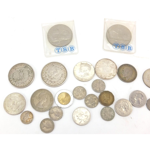 624 - Mostly British and American coinage including two 1921 silver dollars