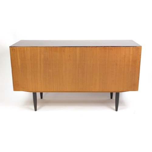 2003 - Vintage Danish rosewood sideboard fitted with three sliding drawers enclosing shelves and drawers,  ... 