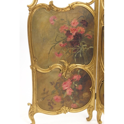 2006 - French style gilt two fold screen, hand painted with flowers, 159cm high x 120cm wide