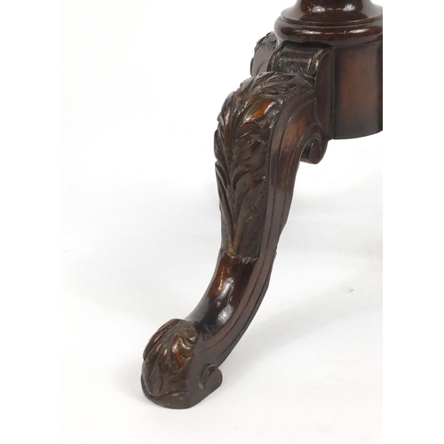 2019 - Carved mahogany tripod occasional table, with dish top, 63cm high x 51cm in diameter