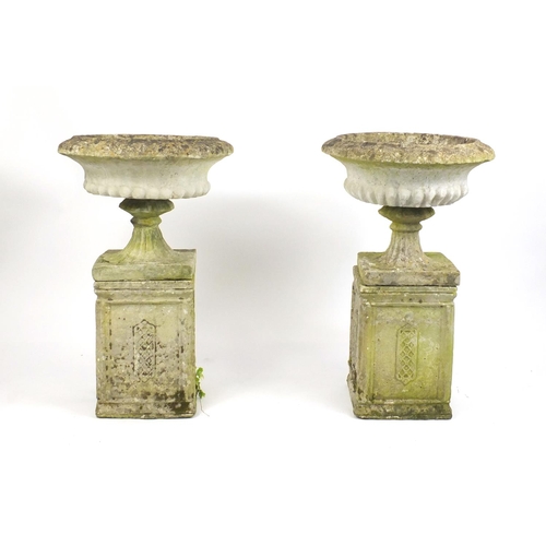 2033 - Large pair of stoneware planters with column stands, 100cm high x 62cm in diameter