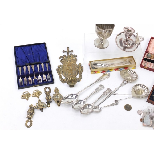 228 - Miscellaneous items including silver plated chamber stick, silver plated cutlery, binoculars, brass ... 