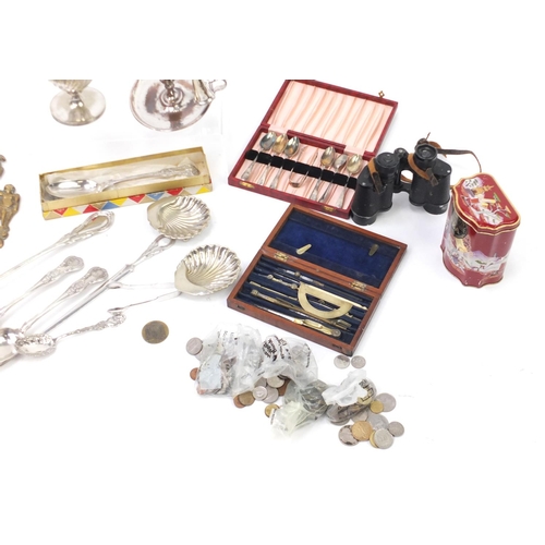 228 - Miscellaneous items including silver plated chamber stick, silver plated cutlery, binoculars, brass ... 