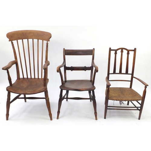 28 - Three occasional chairs including a stickback open armchair