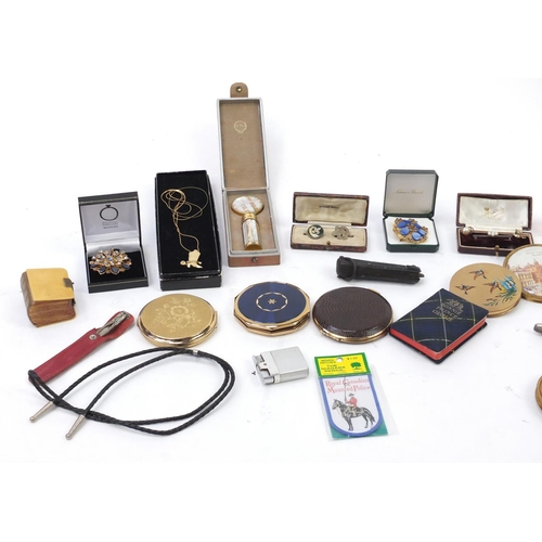 343 - Objects including Statton compacts, hunting knives, vintage perfume, costume jewellery and tooled le... 