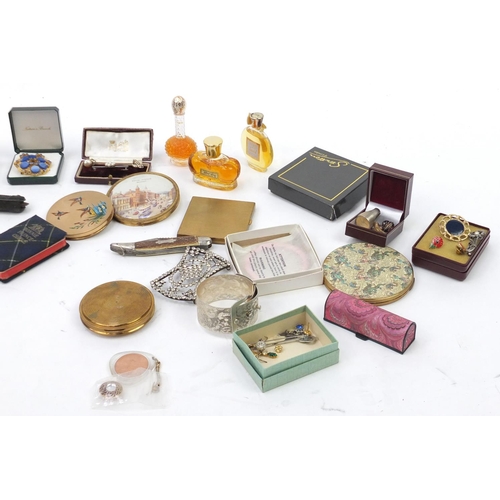 343 - Objects including Statton compacts, hunting knives, vintage perfume, costume jewellery and tooled le... 