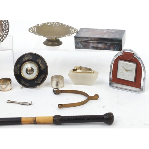 461 - Metalwares including silver Christening spoon and feeder, Smiths Empire stirrup clock and silver pla... 