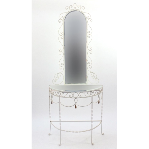 58 - Wrought iron bow front hall table, with mirrored top and back, 184cm H x 75cm W x 32cm D