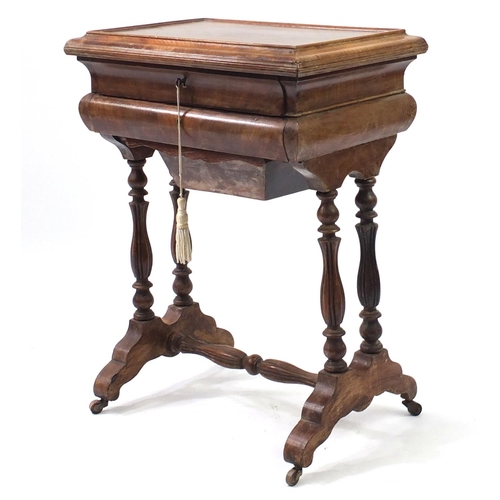 3 - Victorian walnut quarter veneered sewing table, with hinged top, 69cm high