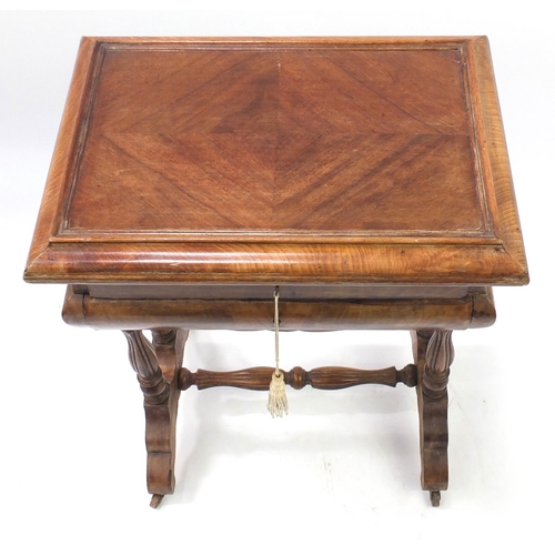 3 - Victorian walnut quarter veneered sewing table, with hinged top, 69cm high