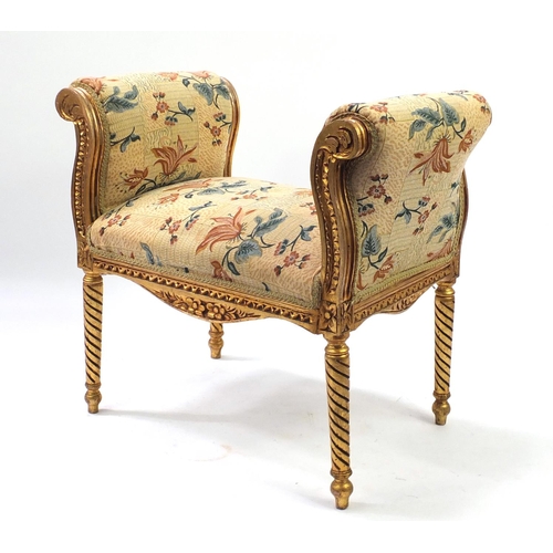 23 - French gilt wood window seat with scroll arms, 75cm H x 82cm W x 48cm D