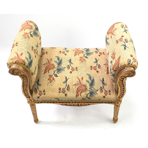 23 - French gilt wood window seat with scroll arms, 75cm H x 82cm W x 48cm D