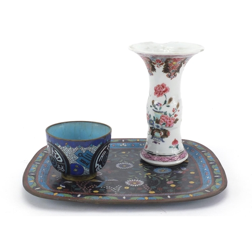 581 - Chinese cloisonné rectangular dish, tea bowl and a porcelain gu vase, the tray 23cm wide