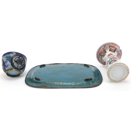 581 - Chinese cloisonné rectangular dish, tea bowl and a porcelain gu vase, the tray 23cm wide