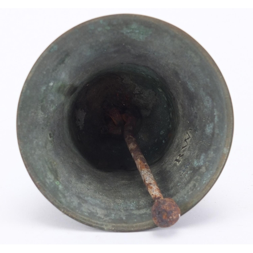 551 - Bronze bell, marked R.W to the inside, 12.5cm high