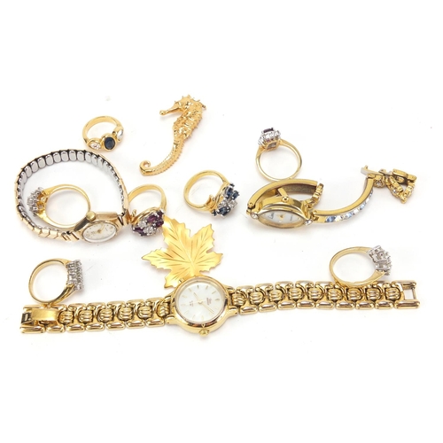 312 - Costume jewellery including a ladies 9ct gold watch, dress rings and a seahorse brooch